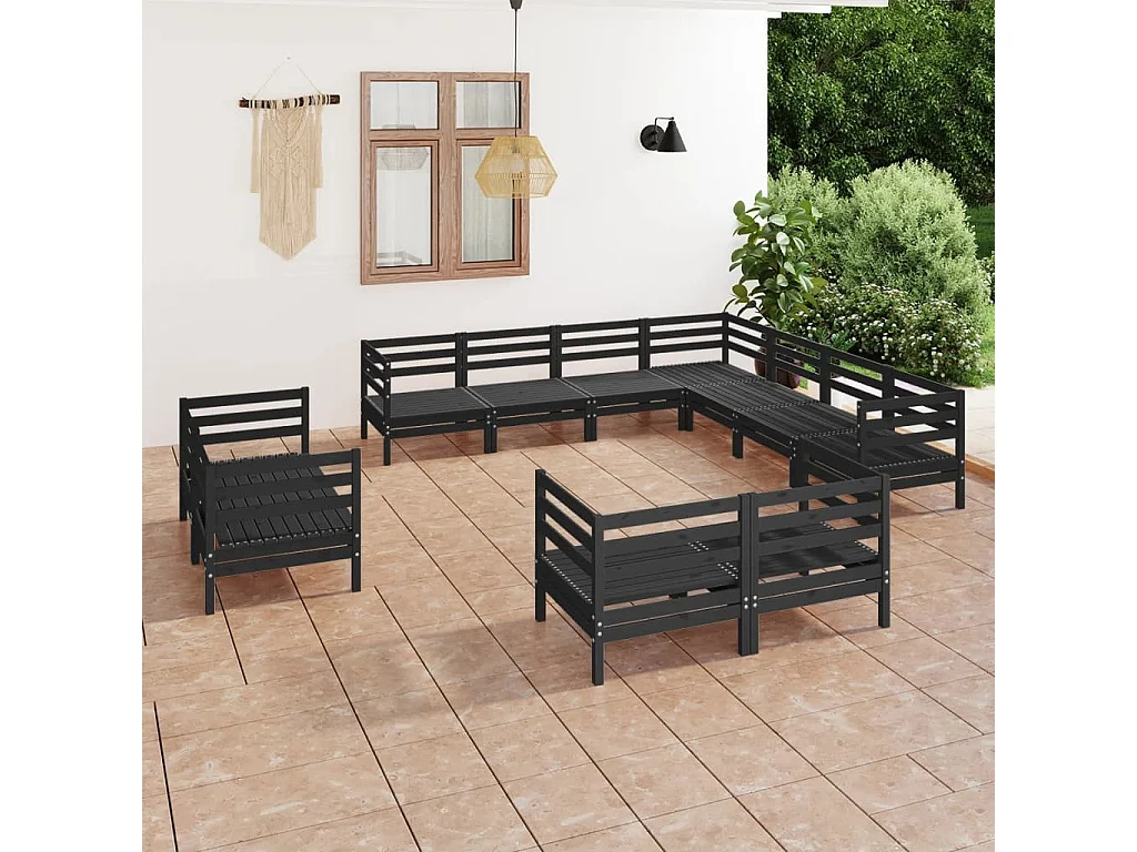 Salon de jardin 11 pcs Bois de pin massif Noir