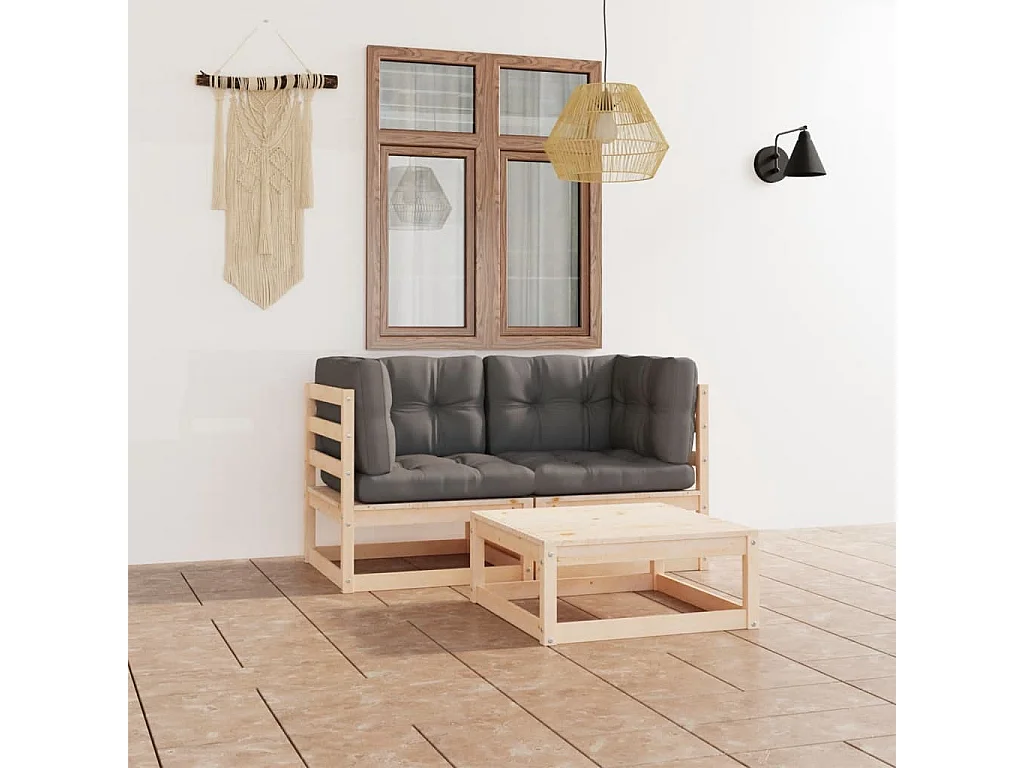 Juego de muebles de jardín 3 pzas y cojines madera pino maciza