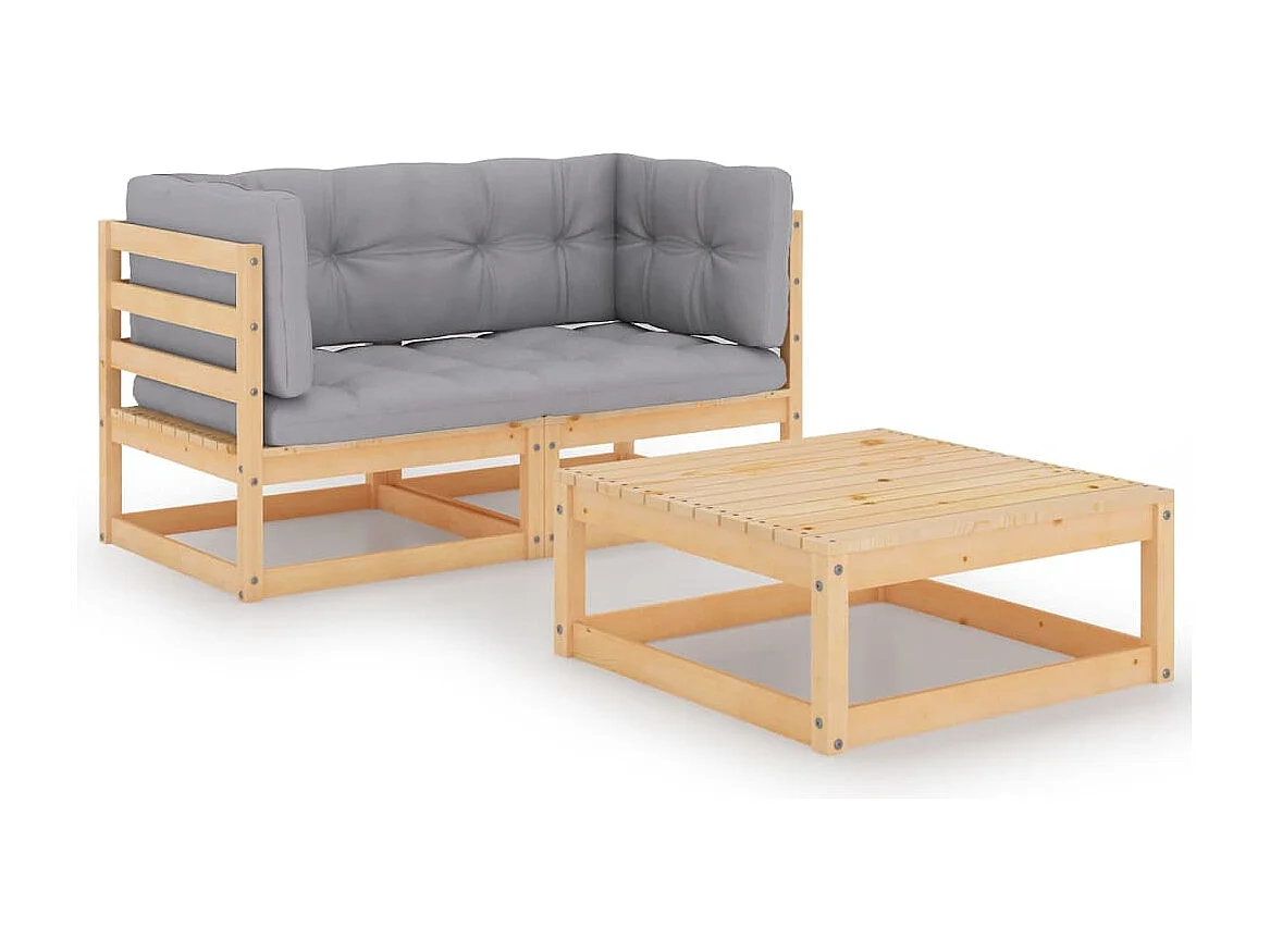 Juego de muebles de jardín 3 pzas y cojines madera pino maciza