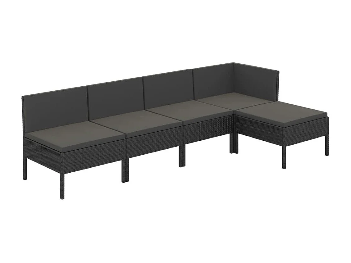 5-delige Loungeset met kussens poly rattan zwart