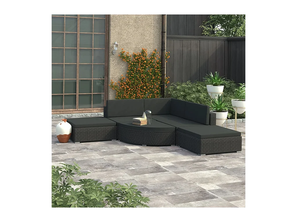 Salon de jardin 6 pcs avec coussins résine tressée noir