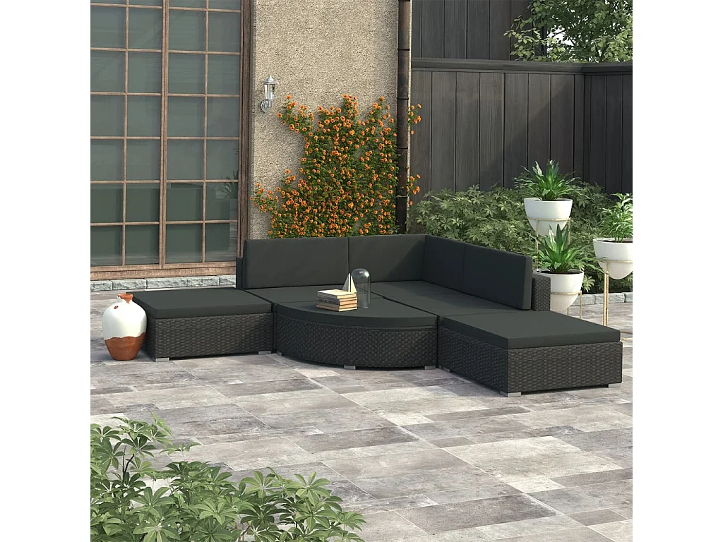 Set muebles de jardín y cojines 6 piezas ratán sintético negro