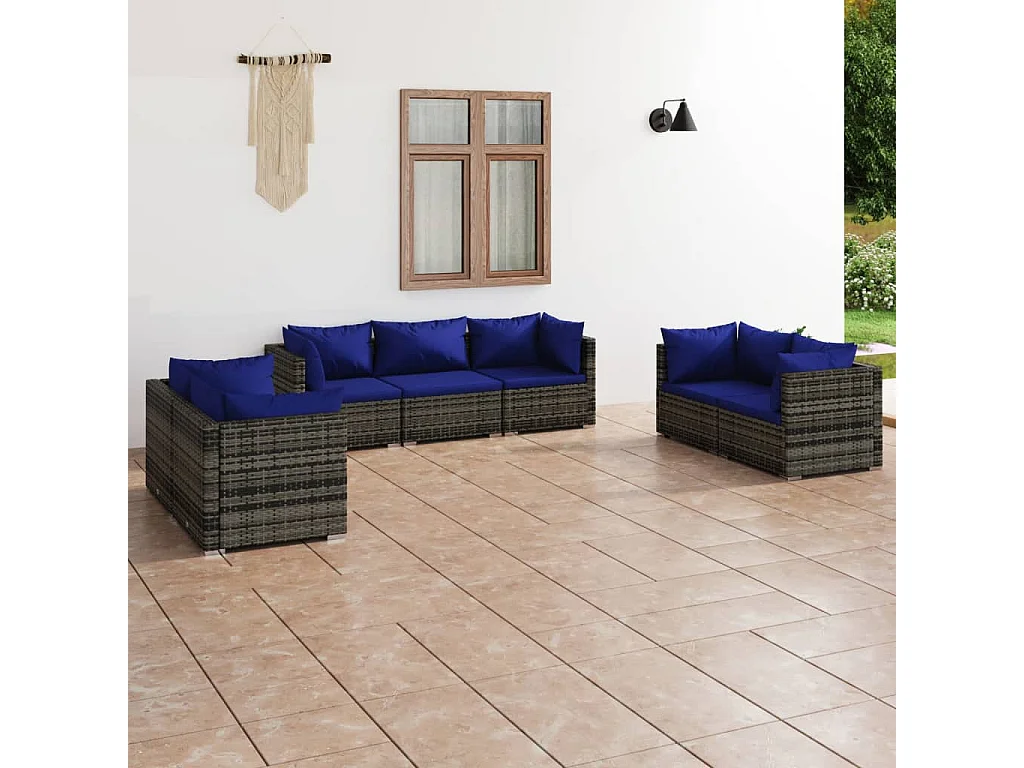 Salon de jardin 7 pcs avec coussins résine tressée gris