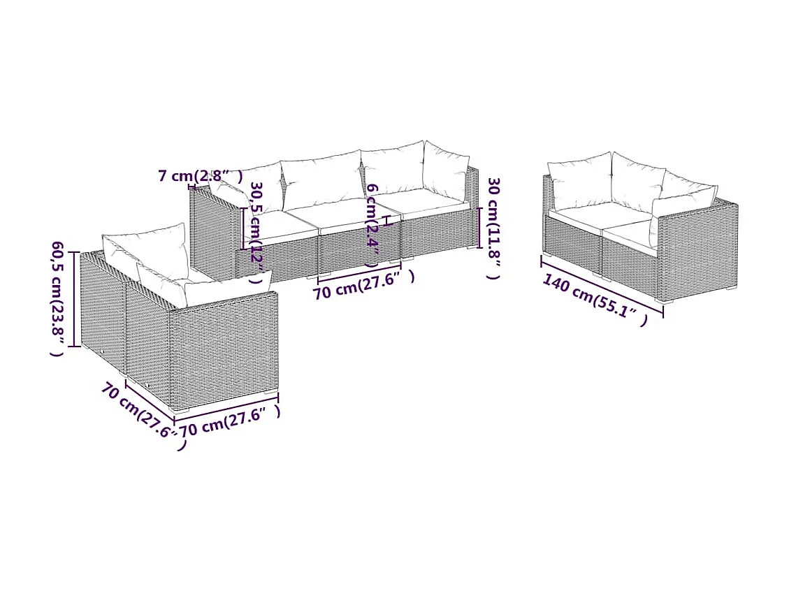 Salon de jardin 7 pcs avec coussins résine tressée gris