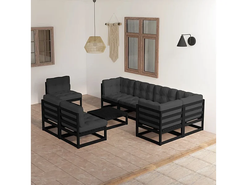 Set Salotto Giardino 9 pz Cuscini Antracite Legno Massello Pino