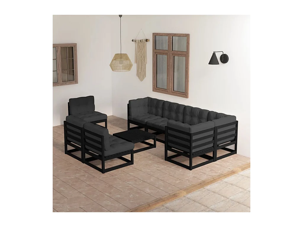 Salon de jardin 9 pcs avec coussins Bois de pin massif