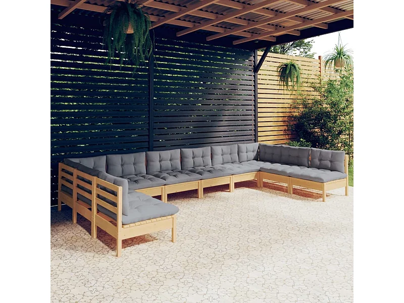 10-tlg. Garten-Lounge-Set mit Grauen Kissen Kiefer Massivholz