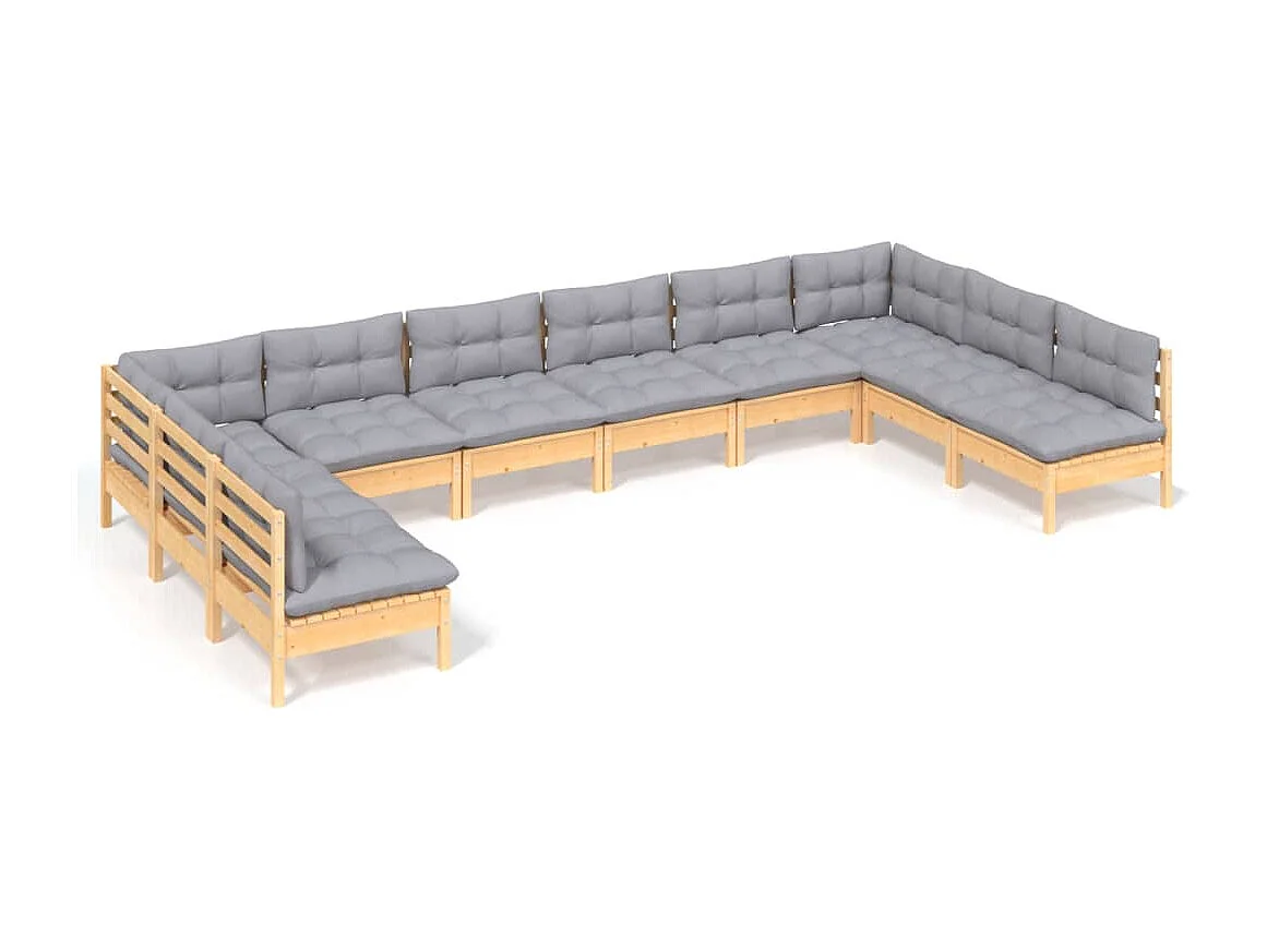 Set Divani da Giardino 10 pz con Cuscini Grigi Massello di Pino