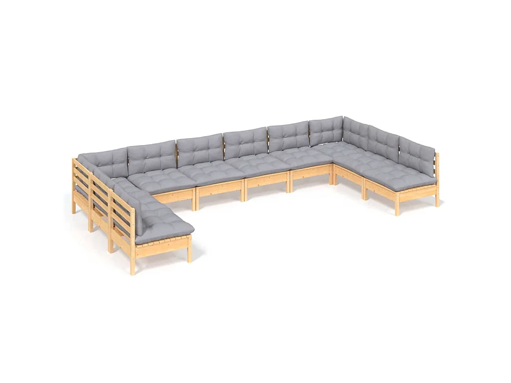 10-delige Loungeset met grijze kussens massief grenenhout