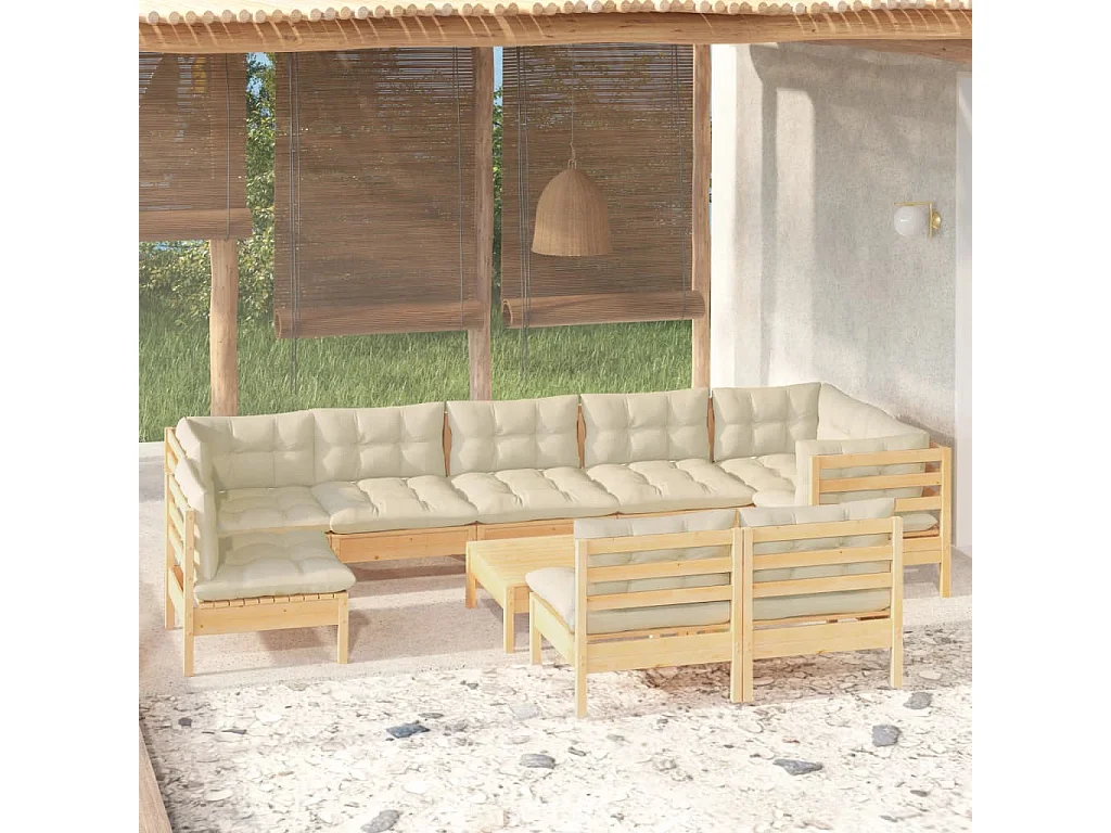 10-tlg. Garten-Lounge-Set mit Creme Kissen Massivholz Kiefer