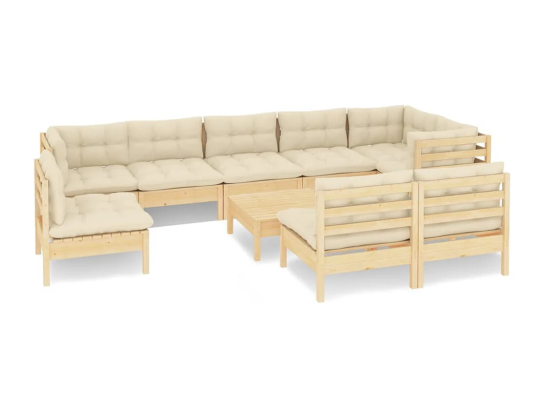 10-tlg. Garten-Lounge-Set mit Creme Kissen Massivholz Kiefer