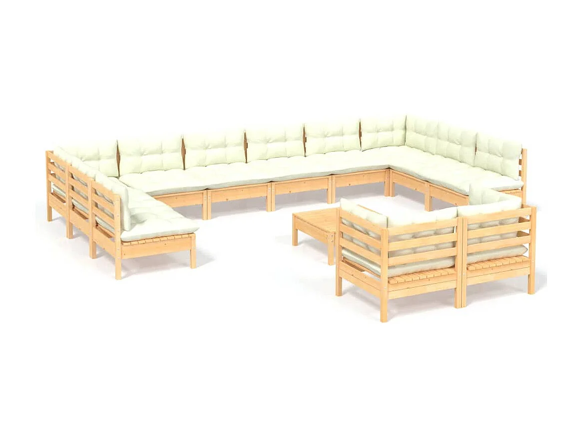 Set Salotto da Giardino 13pz con Cuscini Crema in Legno di Pino