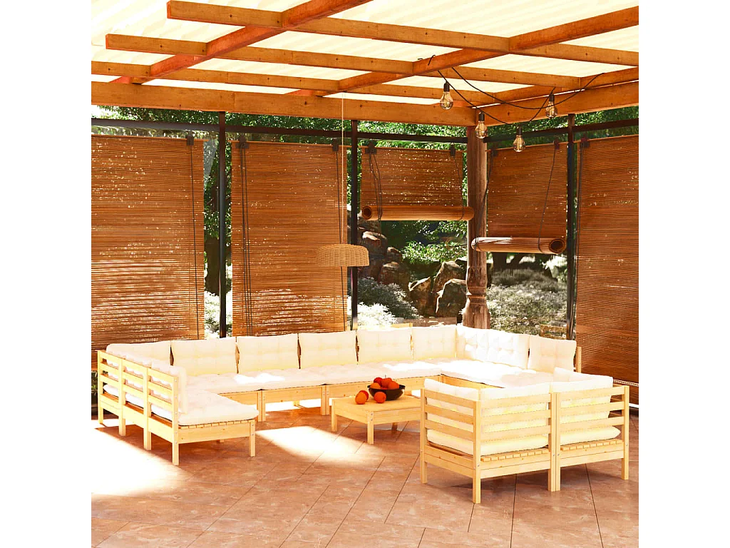 Salon de jardin 13 pcs avec coussins crème bois de pin
