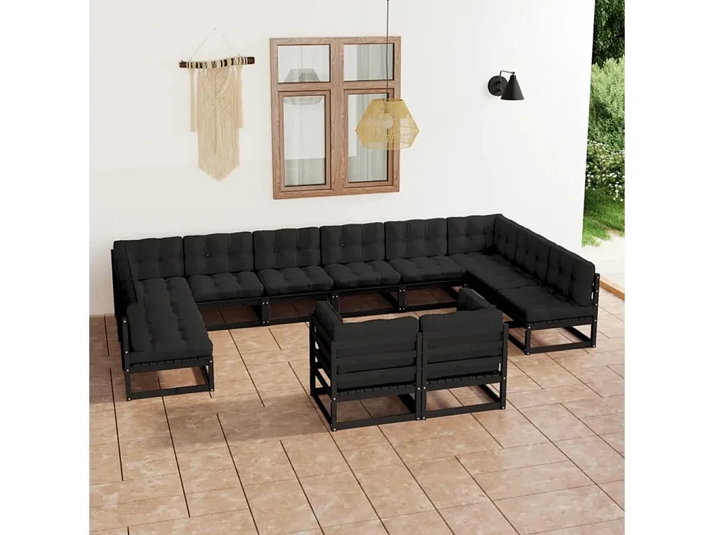Set Divani da Giardino 12 pz con Cuscini Massello di Pino Nero