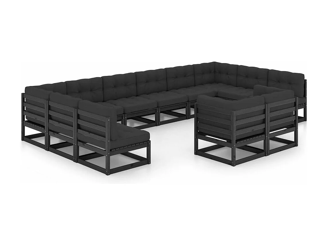Set Divani da Giardino 12 pz con Cuscini Massello di Pino Nero