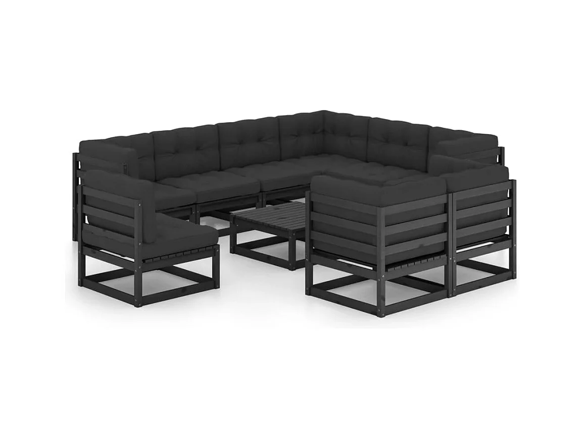 10-delige Loungeset met kussens massief grenenhout zwart