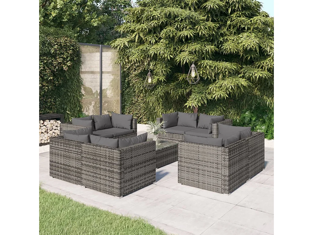 9 pcs conjunto lounge de jardim c/ almofadões vime PE cinzento