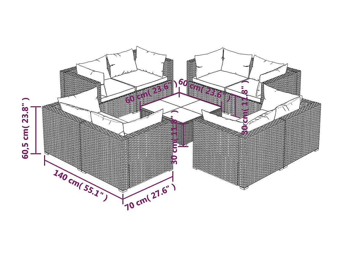 9 pcs conjunto lounge de jardim c/ almofadões vime PE cinzento