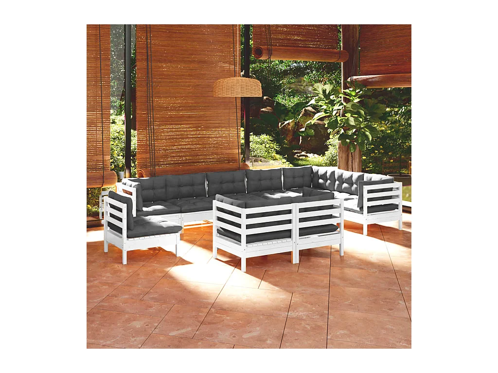 Salon de jardin 10 pcs avec coussins blanc bois de pin massif