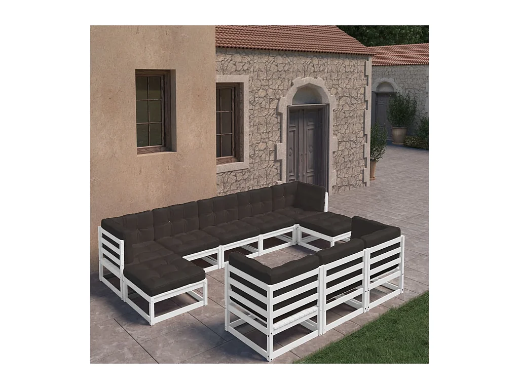Set Divani da Giardino 10 pz Cuscini Bianchi Massello di Pino