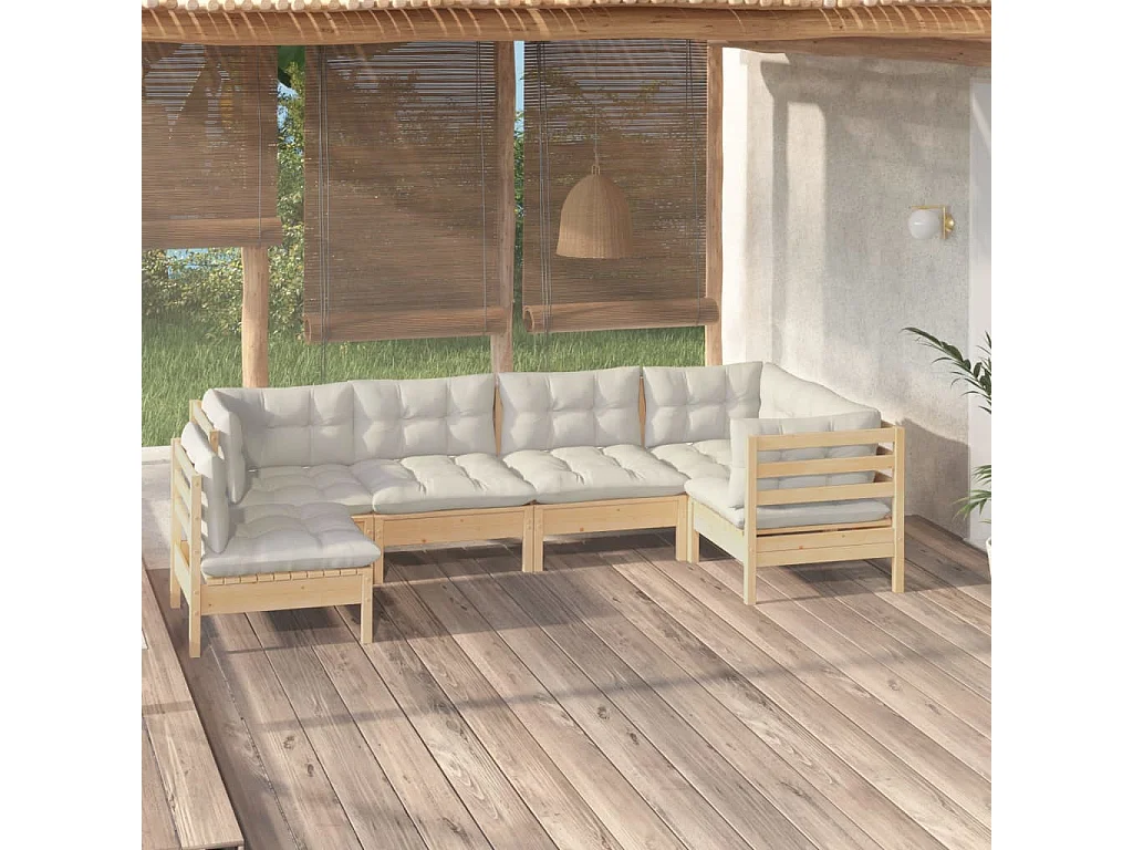 6-delige Loungeset met crèmekleurige kussens grenenhout
