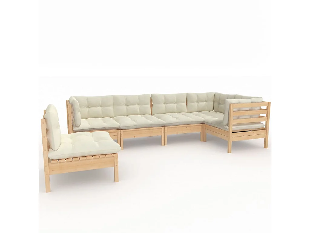 6-delige Loungeset met crèmekleurige kussens grenenhout