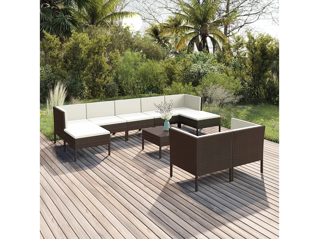 Salon de jardin 10 pcs avec coussins Résine tressée Marron