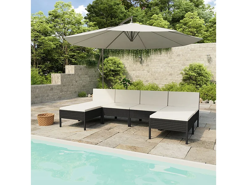 6-delige Loungeset met kussens poly rattan zwart