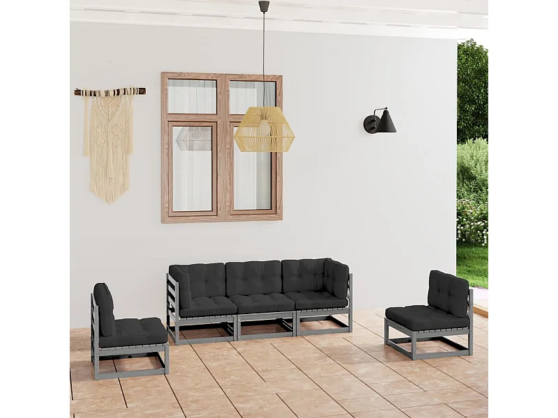 5 pcs conjunto lounge de jardim c/ almofadões pinho maciço