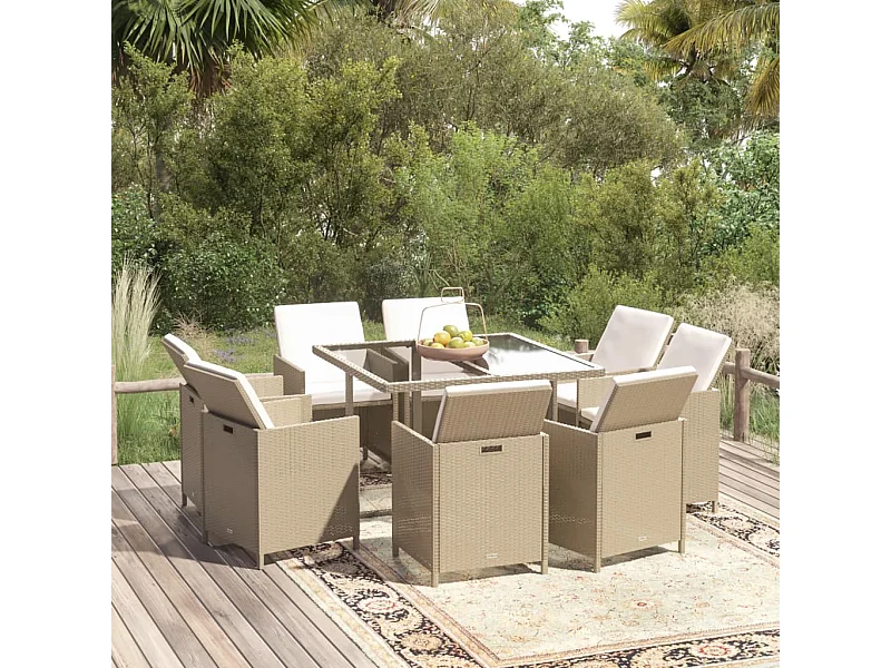 Ensemble à manger de jardin et coussins 9 pcs Poly rotin Beige