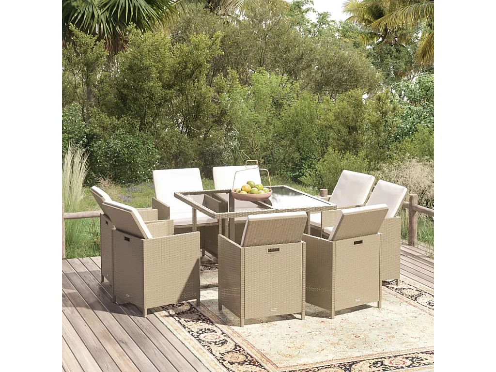 Ensemble à manger de jardin et coussins 9 pcs Poly rotin Beige