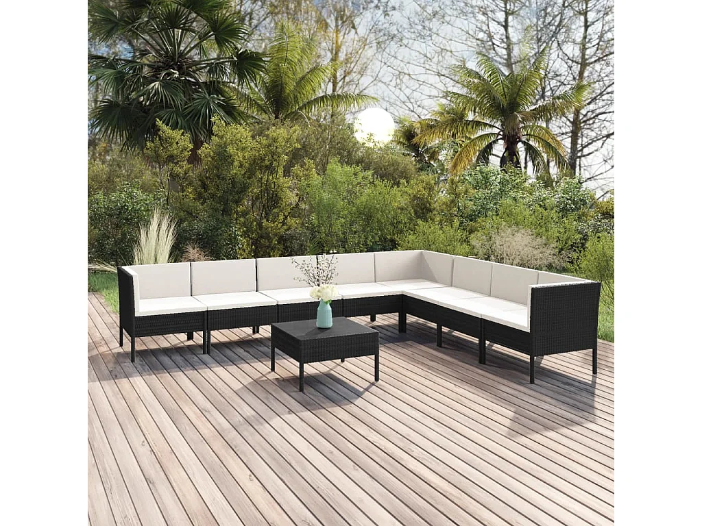 9-tlg. Garten-Lounge-Set mit Auflagen Poly Rattan Schwarz