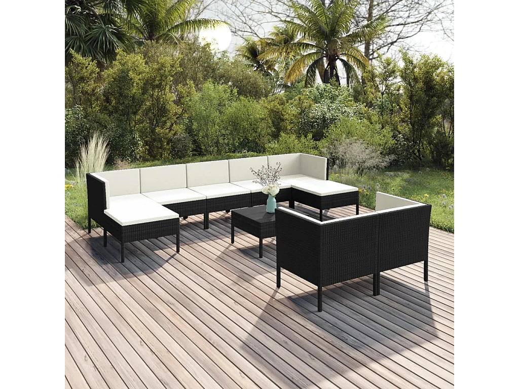 10-tlg. Garten-Lounge-Set mit Auflagen Poly Rattan Schwarz