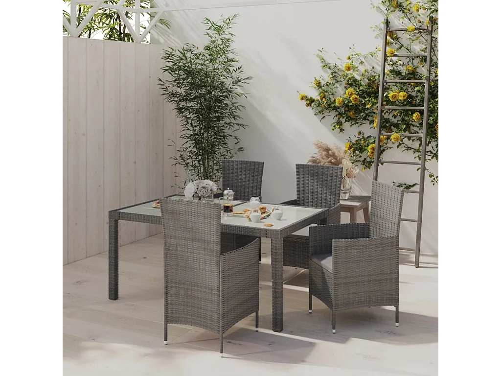 Ensemble à manger d'extérieur 5pcs coussins résine tressée gris