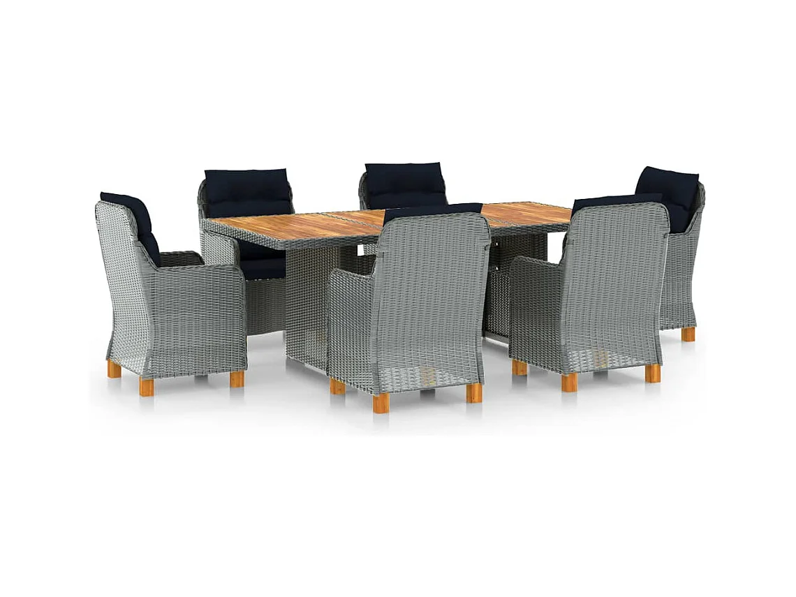 Ensemble à manger d'extérieur et coussins 7 pcs résine tressée