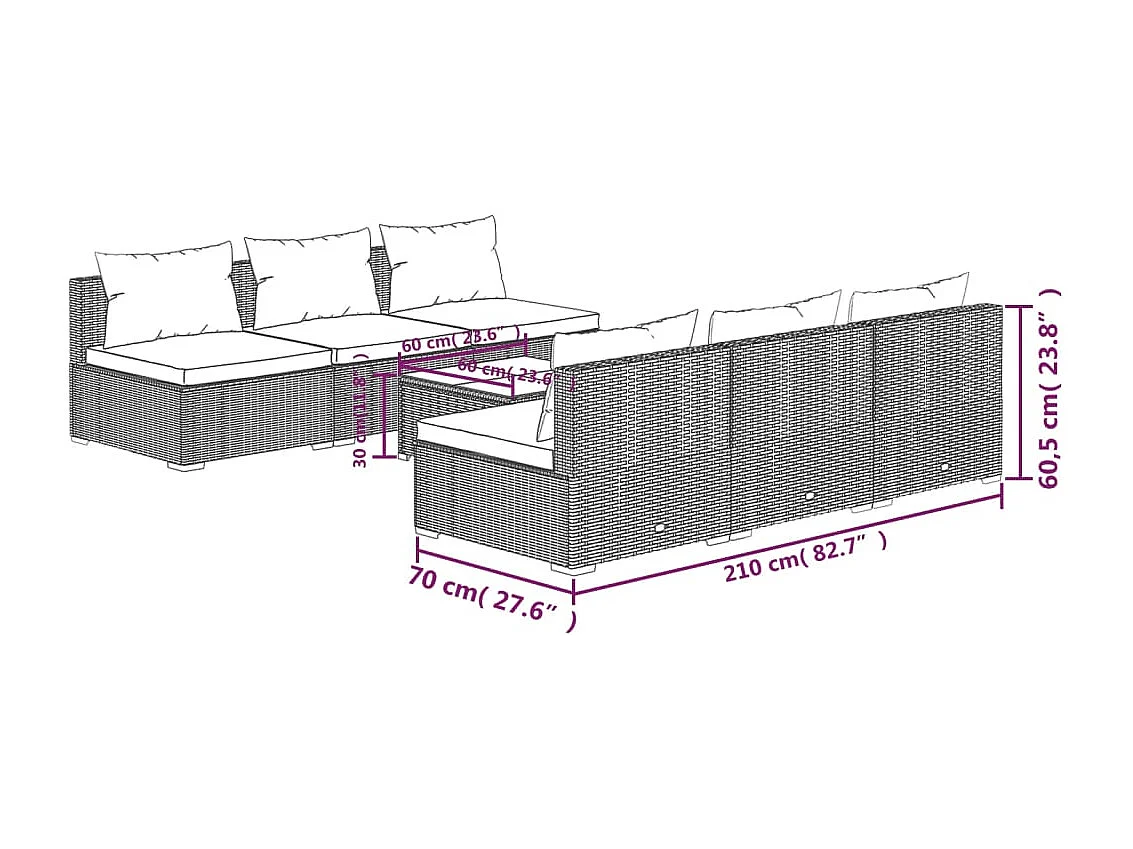 7-tlg. Garten-Lounge-Set mit Kissen Poly Rattan Grau