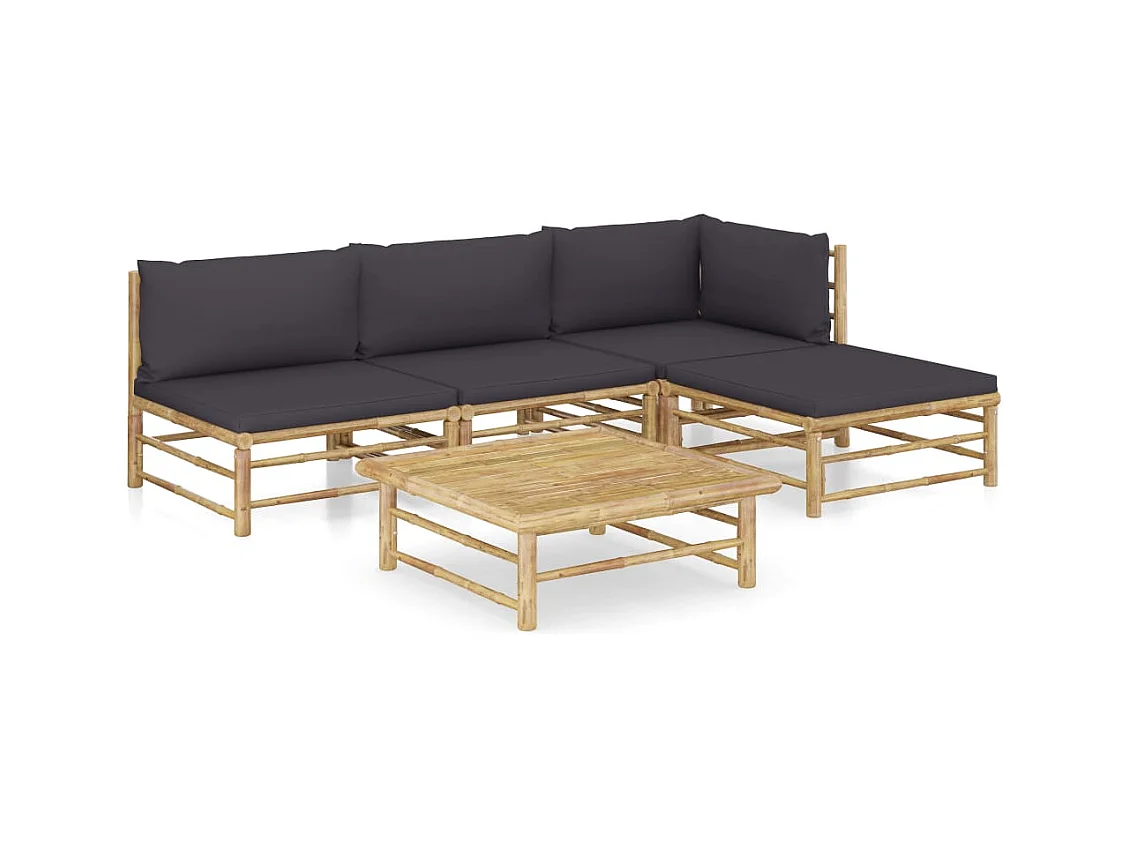 Salon de jardin 5 pcs avec coussins gris foncé bambou