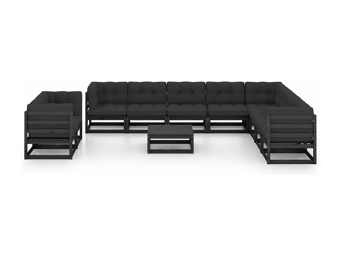 Salon de jardin 11 pcs avec coussins Noir Bois de pin massif