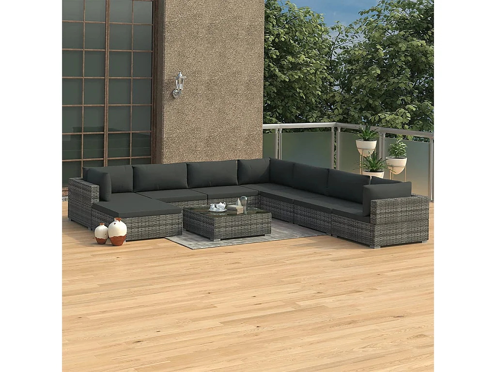 9-tlg. Garten-Lounge-Set mit Auflagen Poly Rattan Grau