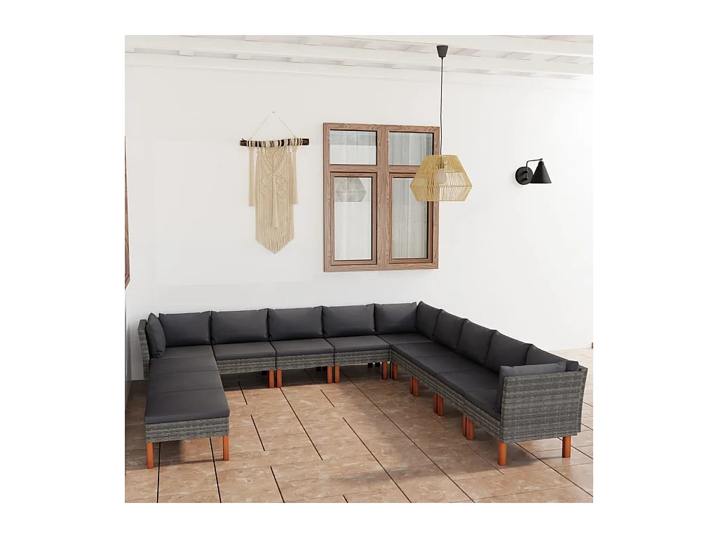 Salon de jardin 12 pcs avec coussins Résine tressée Gris