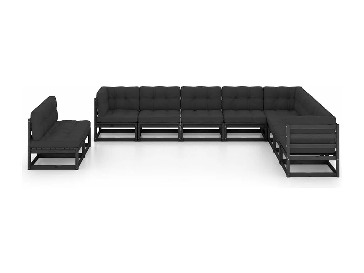 10-delige Loungeset met kussens massief grenenhout zwart