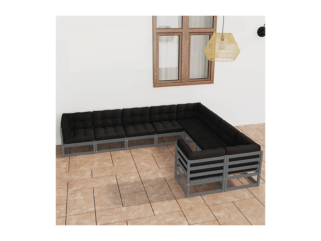 Salon de jardin 9 pcs avec coussins Gris Bois de pin massif