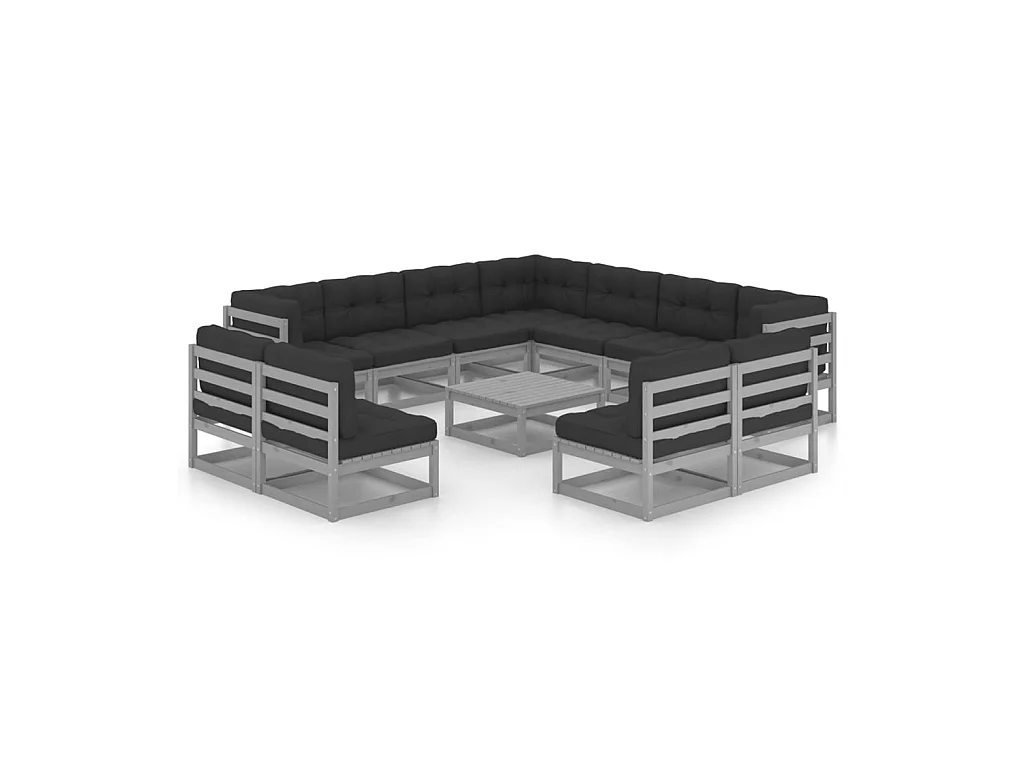 Salon de jardin 12 pcs avec coussins Gris Bois de pin massif