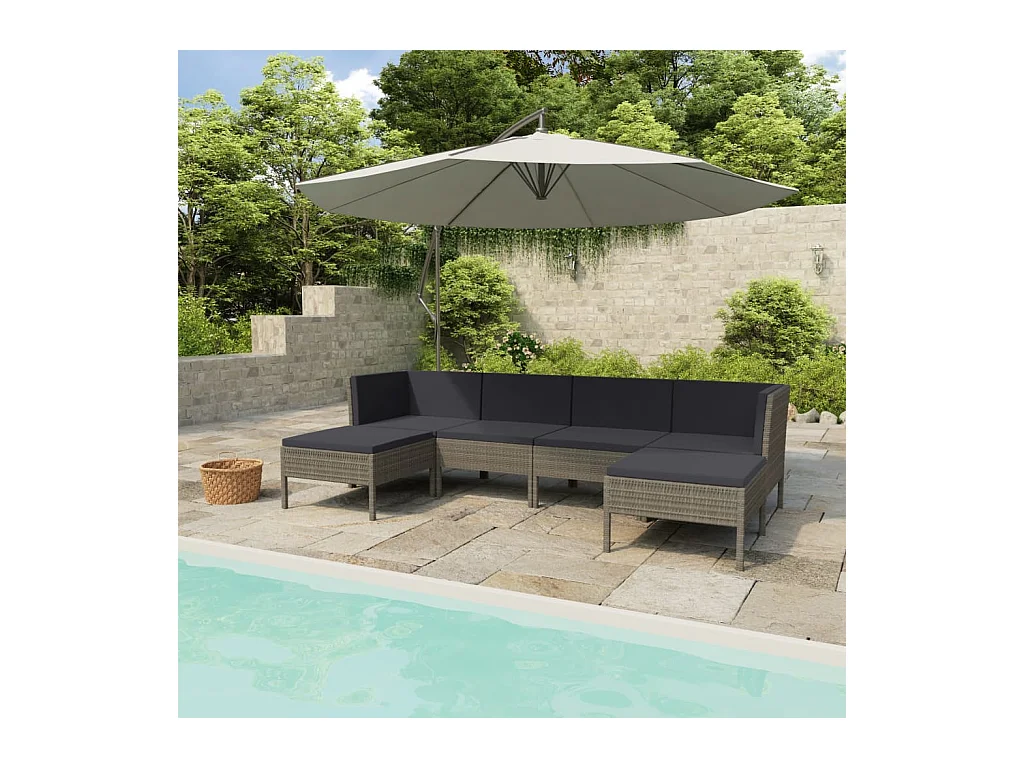 Salon de jardin 6 pcs avec coussins résine tressée gris