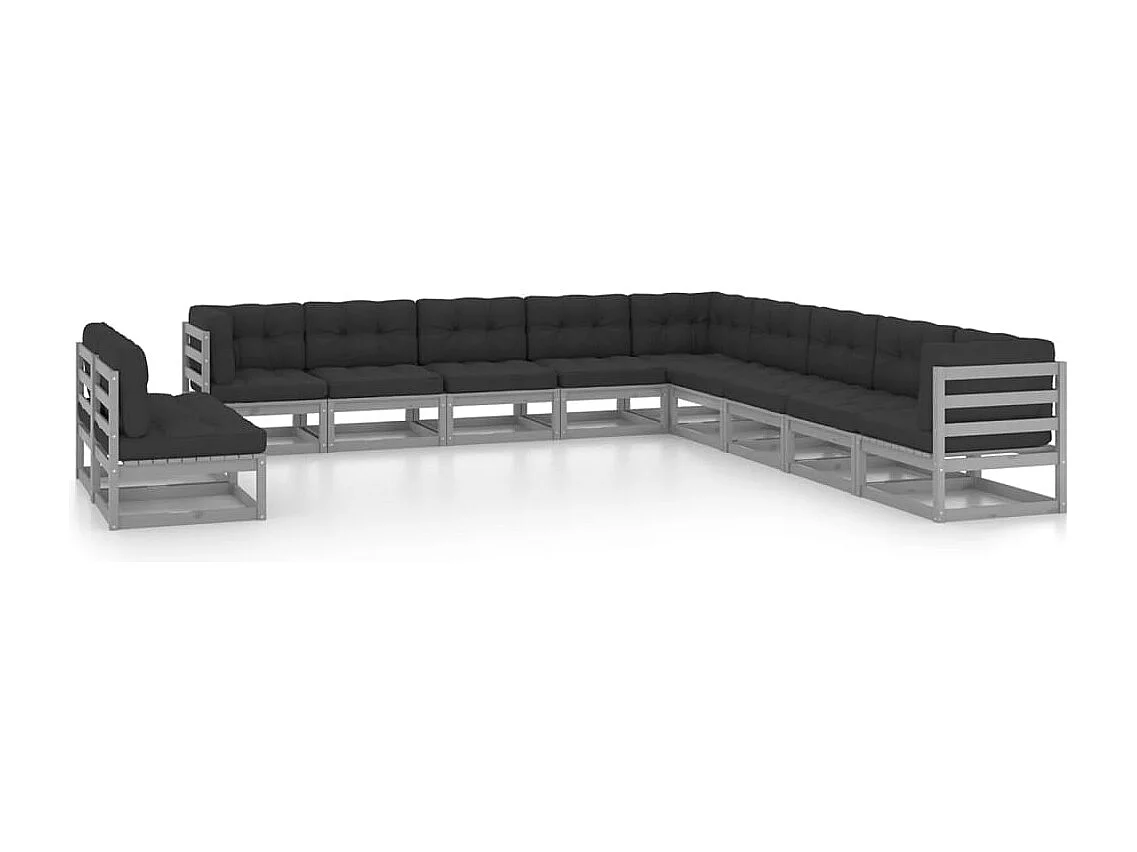 11-tlg. Garten-Lounge-Set mit Kissen Grau Kiefer Massivholz