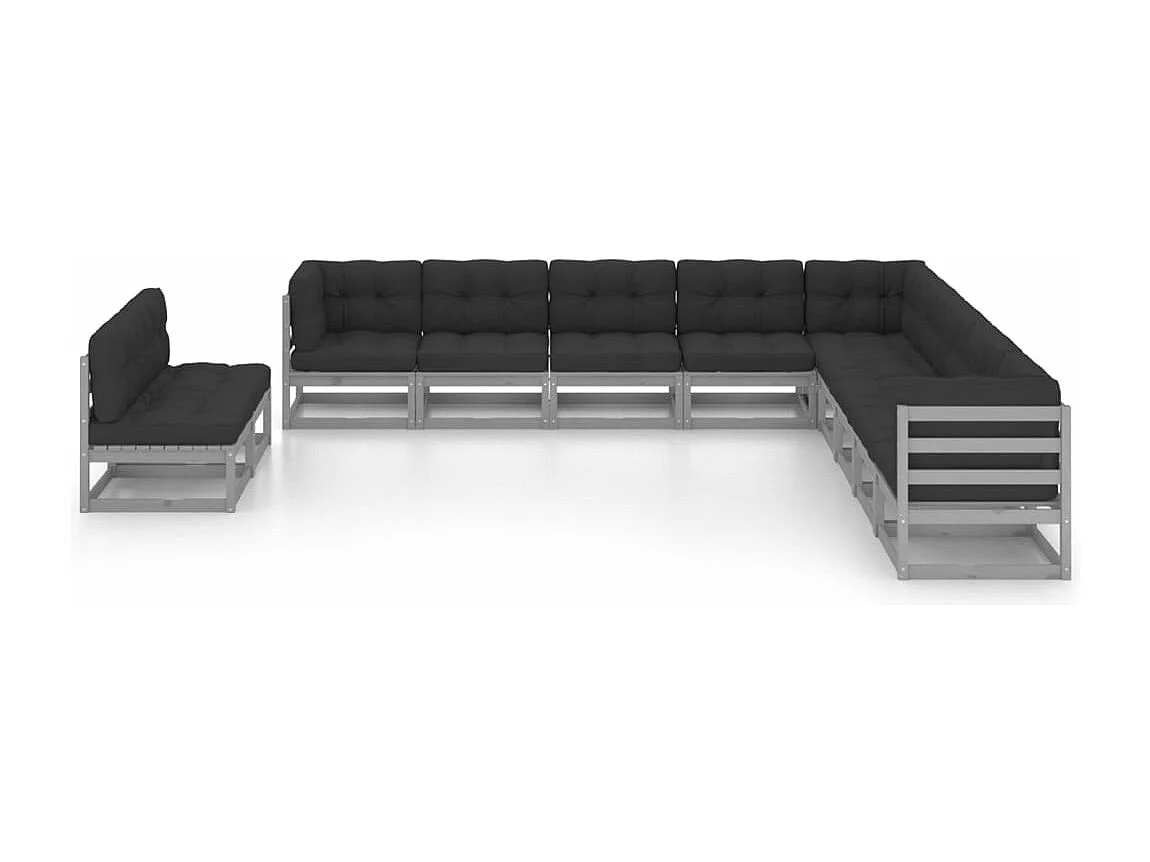11-tlg. Garten-Lounge-Set mit Kissen Grau Kiefer Massivholz
