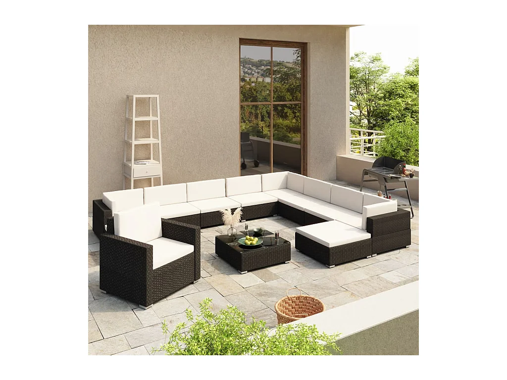 Salon de jardin 12 pcs avec coussins résine tressée noir
