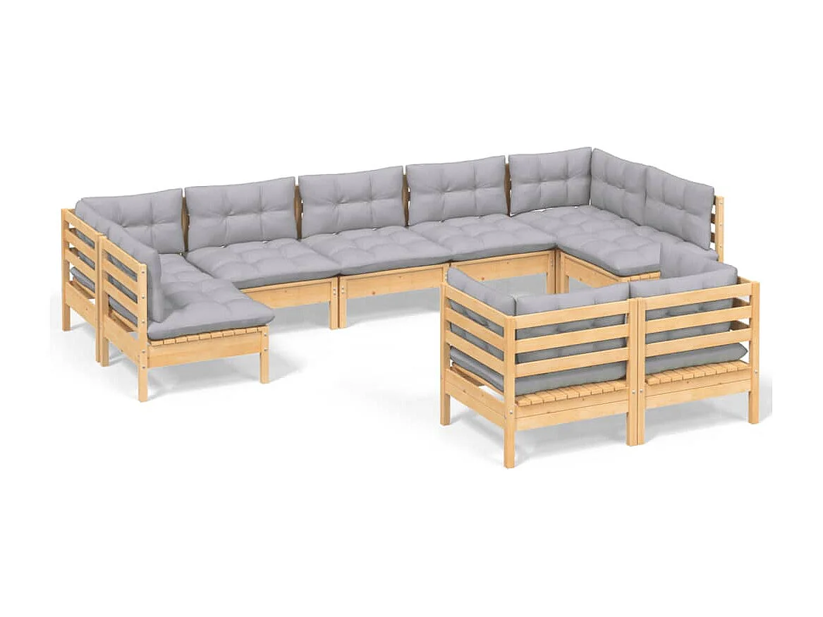 Salon de jardin 9 pcs avec coussins gris bois de pin massif
