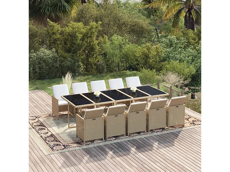 Ensemble à manger de jardin coussins 11pcs Résine tressée Beige