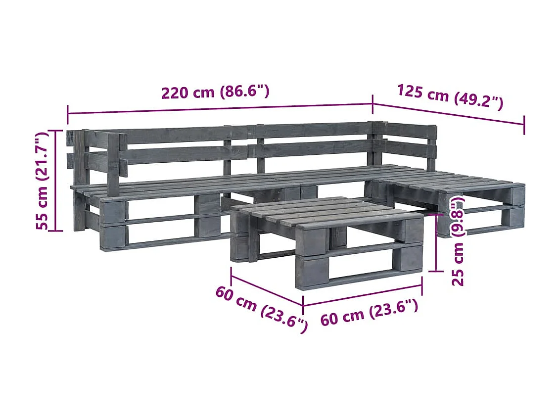4-tlg. Garten-Sofagarnitur aus Paletten Holz Grau